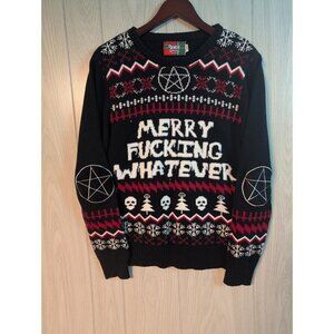 Spencers “Merry F*****g Whatever” Ugly Christmas Sweater Elbow Patches Large Men